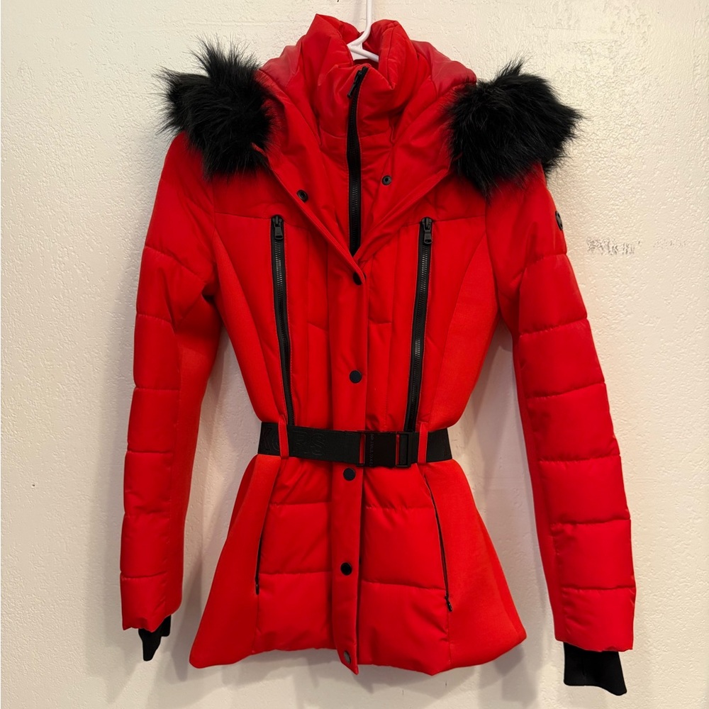 Michael Kors Puffer Detachable Faux Fur Trim Hooded Jacket w MK Logo Belt
